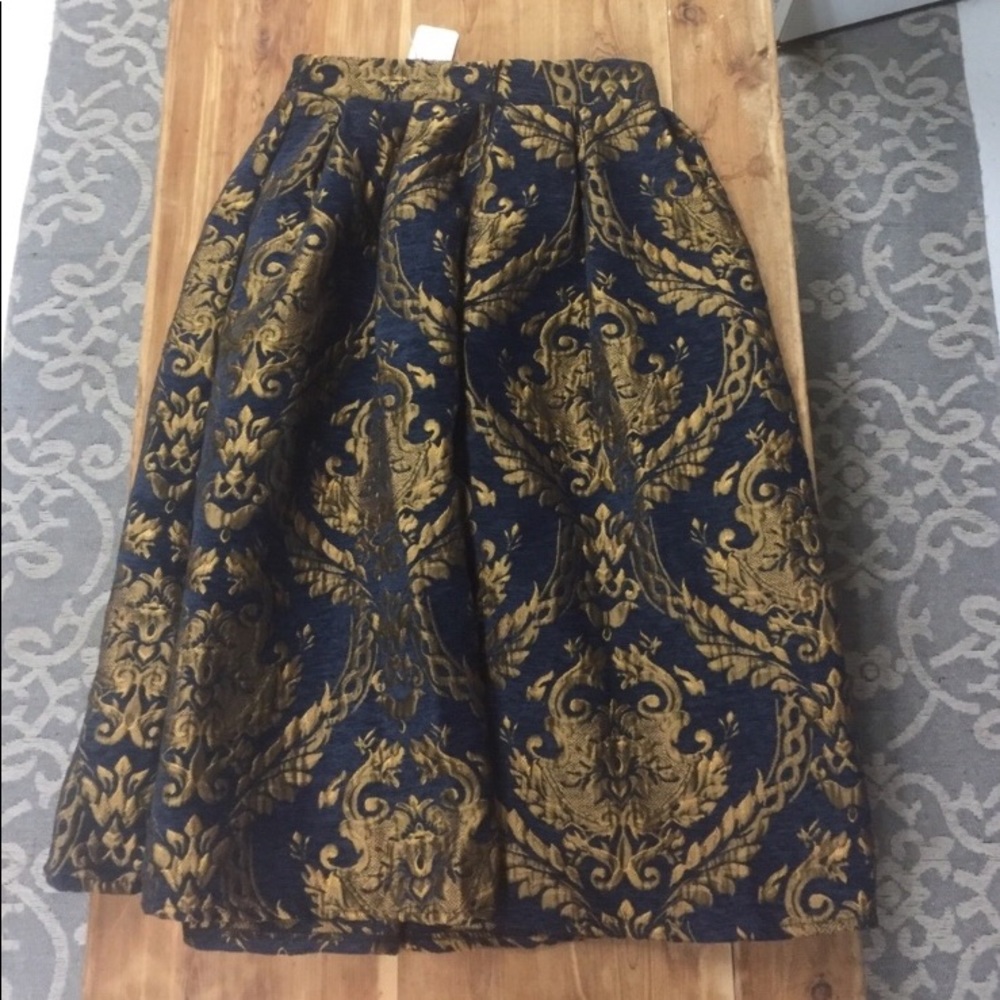 ChicWish Blue & Gold Victorian Tapestry Midi Skirt